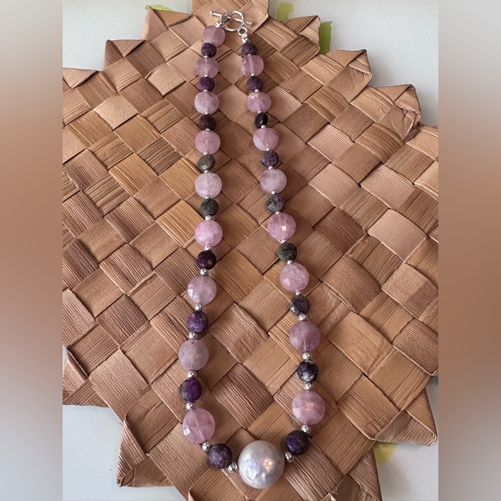 Rose Quartz Atlantisite Coin & freshwater pearl Set in .925 Sterling Silver S14 - Picture 10 of 12